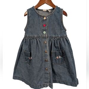 90s Vintage Toddler Girl Cherokee‎ Blue Denim Embroidered Floral Dress 3T